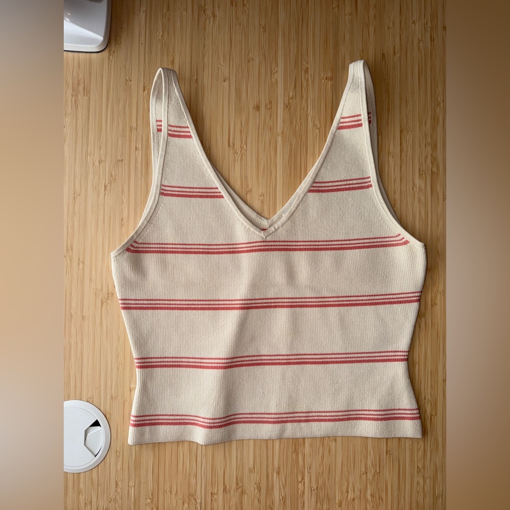 Cream & Peach Striped V-Neck Knit Tank Top